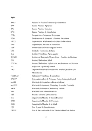 Siglas.

AMSF      Acuerdo de Medidas Sanitarias y Fitosanitarias
BPA       Buenas Prácticas Agrícolas
BPG       Buenas Prácticas Ganaderas
BPM       Buenas Prácticas de Manufactura
CARs      Corporaciones Autónomas Regionales
DIAN      Departamento de Impuestos y Aduanas Nacionales
DANE      Departamento Administrativo Nacional de Estadística
DNP       Departamento Nacional de Planeación
ETA       Enfermedad de transmisión por alimentos
ETS       Entidades Territoriales de Salud
ICA       Instituto Colombiano Agropecuario
IDEAM     Instituto de Hidrología, Meteorología y Estudios Ambientales
INS       Instituto Nacional de Salud
INVIMA    Instituto Nacional de Vigilancia de Medicamentos y Alimentos
IVC       Inspección, vigilancia y control
FAO       Organización de la Naciones Unidas para la Agricultura y la
          Alimentación
FEDEGAN   Federación Colombiana de Ganaderos
HACCP     Sistema de Análisis de Peligros y Puntos Críticos de Control
MADR      Ministerio de Agricultura y Desarrollo Rural
MAVDT     Ministerio de Ambiente, Vivienda y Desarrollo Territorial
MCIT      Ministerio de Comercio, Industria y Turismo
MPS       Ministerio de la Protección Social
MSF       Medidas sanitarias y fitosanitarias
OIE       Organización Mundial de Sanidad Animal
OMC       Organización Mundial del Comercio
OMS       Organización Mundial de la Salud
PGC       Plan Gradual de Cumplimiento
PRPBA     Plan de Racionalización de las Plantas de Beneficio Animal


                             3
 