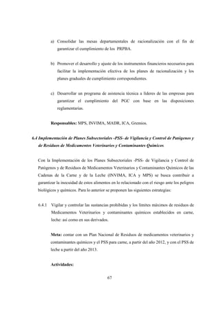 a) Consolidar las mesas departamentales de racionalización con el fin de
              garantizar el cumplimiento de los PRPBA.


           b) Promover el desarrollo y ajuste de los instrumentos financieros necesarios para
              facilitar la implementación efectiva de los planes de racionalización y los
              planes graduales de cumplimiento correspondientes.


           c) Desarrollar un programa de asistencia técnica a líderes de las empresas para
              garantizar el cumplimiento del PGC con base en las disposiciones
              reglamentarias.


           Responsables: MPS, INVIMA, MADR, ICA, Gremios.


6.4 Implementación de Planes Subsectoriales -PSS- de Vigilancia y Control de Patógenos y
   de Residuos de Medicamentos Veterinarios y Contaminantes Químicos.


   Con la Implementación de los Planes Subsectoriales -PSS- de Vigilancia y Control de
   Patógenos y de Residuos de Medicamentos Veterinarios y Contaminantes Químicos de las
   Cadenas de la Carne y de la Leche (INVIMA, ICA y MPS) se busca contribuir a
   garantizar la inocuidad de estos alimentos en lo relacionado con el riesgo ante los peligros
   biológicos y químicos. Para lo anterior se proponen las siguientes estrategias:


   6.4.1   Vigilar y controlar las sustancias prohibidas y los límites máximos de residuos de
           Medicamentos Veterinarios y contaminantes químicos establecidos en carne,
           leche: así como en sus derivados.


           Meta: contar con un Plan Nacional de Residuos de medicamentos veterinarios y
           contaminantes químicos y el PSS para carne, a partir del año 2012, y con el PSS de
           leche a partir del año 2013.


           Actividades:


                                            67
 