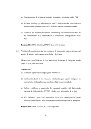 a) Establecimiento de la línea de base para sustancias a monitorear en los PSS


        b) Revisión, diseño y ejecución anual de los PSS para atender los requerimientos
           normativos nacionales y del acceso a mercados internacionales priorizados.


        c) Establecer las acciones preventivas, correctivas y sancionatorias con el fin de
           dar cumplimiento a lo establecido en la normatividad correspondiente a los
           PSS.


        Responsables: MPS, INVIMA, MADR, ICA, ETS, Gremios.


6.4.2   Verificar el cumplimiento de los estándares de desempeño establecidos para el
        control de agentes patógenos en carne, leche y derivados.


        Meta: contar, para 2014, con un Plan Nacional de Reducción de Patógenos para la
        carne, la leche y sus derivados.


        Actividades:
        a) Establecer la prevalencia de patógenos priorizados.


        b) Verificación oficial de los estándares establecidos para agentes patógenos en
           carne y leche (incluir planes de muestreo, objetivos de inocuidad).


        c) Definir, establecer y desarrollar la capacidad analítica del Laboratorio
           Nacional de Referencia del INVIMA y de los otros laboratorios de la Red.


        d) 4.2.4 Establecer las acciones preventivas, correctivas y sancionatorias con el
           fin de dar cumplimiento a las metas establecidas en la reducción de patógenos.


        Responsables: MPS, INVIMA, ETS, sector privado.



                                           68
 