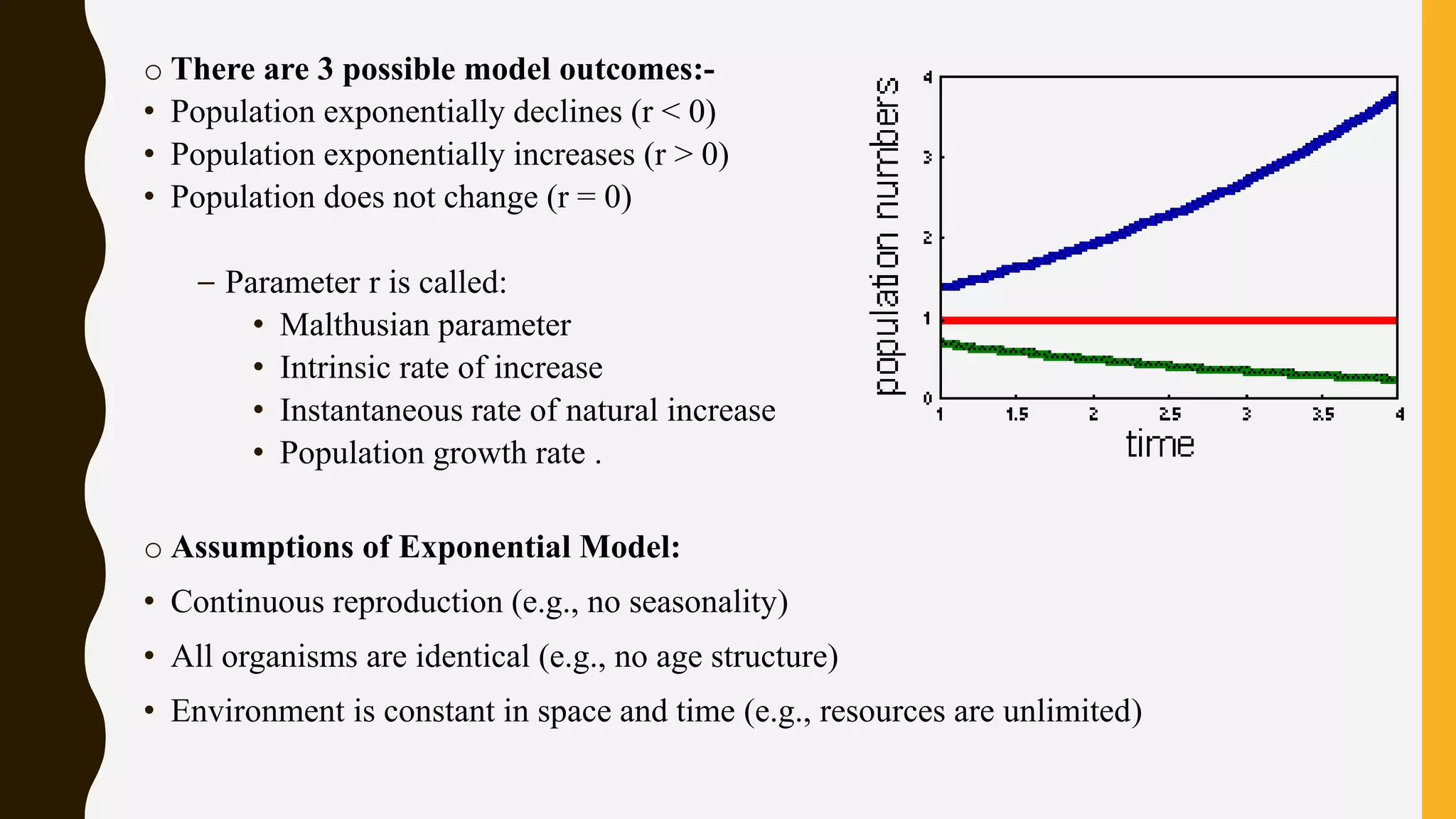 o There are 3 possible model outcomes:-
• Population exponentially declines (r < 0)
• Population exponentially increases (r > 0)
• Population does not change (r = 0)
– Parameter r is called:
• Malthusian parameter
• Intrinsic rate of increase
• Instantaneous rate of natural increase
• Population growth rate .
o Assumptions of Exponential Model:
• Continuous reproduction (e.g., no seasonality)
• All organisms are identical (e.g., no age structure)
• Environment is constant in space and time (e.g., resources are unlimited)
 