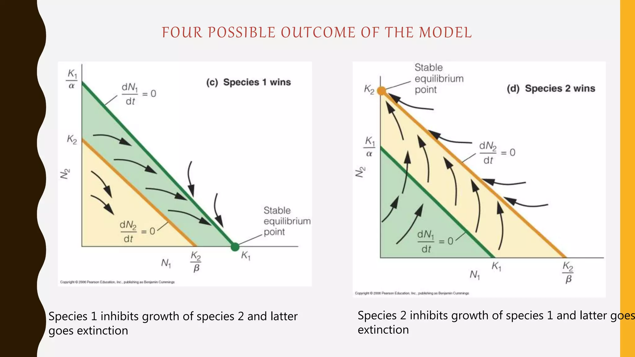 FOUR POSSIBLE OUTCOME OF THE MODEL
Species 1 inhibits growth of species 2 and latter
goes extinction
Species 2 inhibits growth of species 1 and latter goes
extinction
 