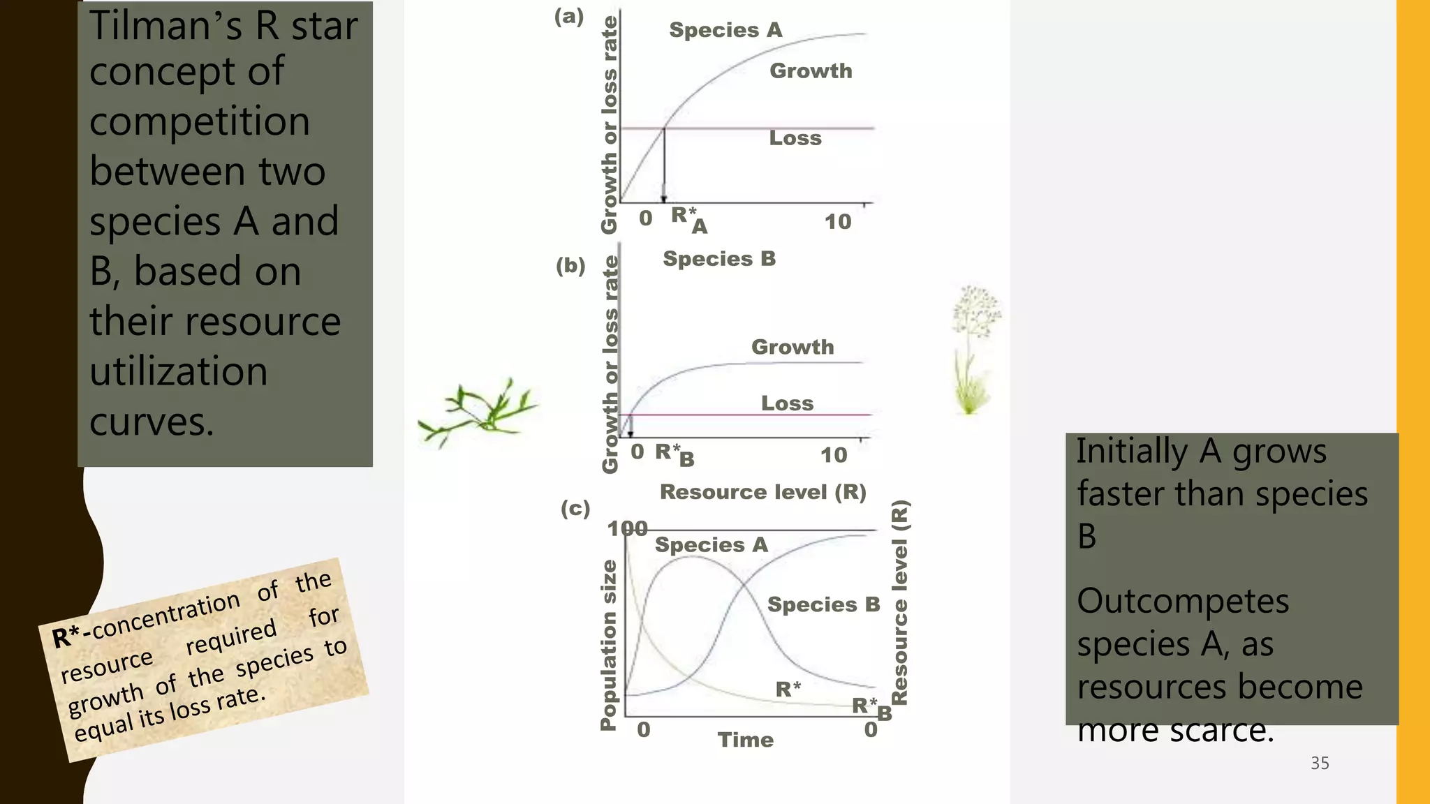 chap08 Competition and coexistence 35
GrowthorlossrateGrowthorlossratePopulationsize
(a)
(b)
(c)
100
Species A
Species B
Species A
Species B
Loss
100 R*
A
0 R*B
Loss
Growth
Resource level (R)
Time0 0
Growth
10
R*
BR*
Resourcelevel(R)
Tilman’s R star
concept of
competition
between two
species A and
B, based on
their resource
utilization
curves.
Initially A grows
faster than species
B
Outcompetes
species A, as
resources become
more scarce.
 