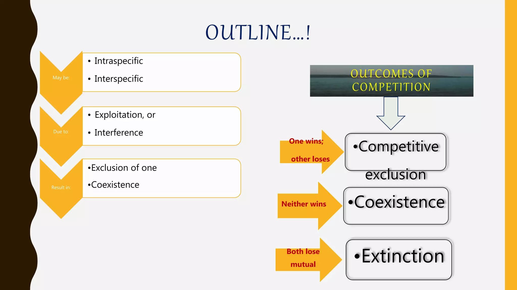 OUTLINE…!
May be:
• Intraspecific
• Interspecific
Due to:
• Exploitation, or
• Interference
Result in:
•Exclusion of one
•Coexistence
•Competitive
exclusion
One wins;
other loses
•CoexistenceNeither wins
•ExtinctionBoth lose
mutual
OUTCOMES OF
COMPETITION
 