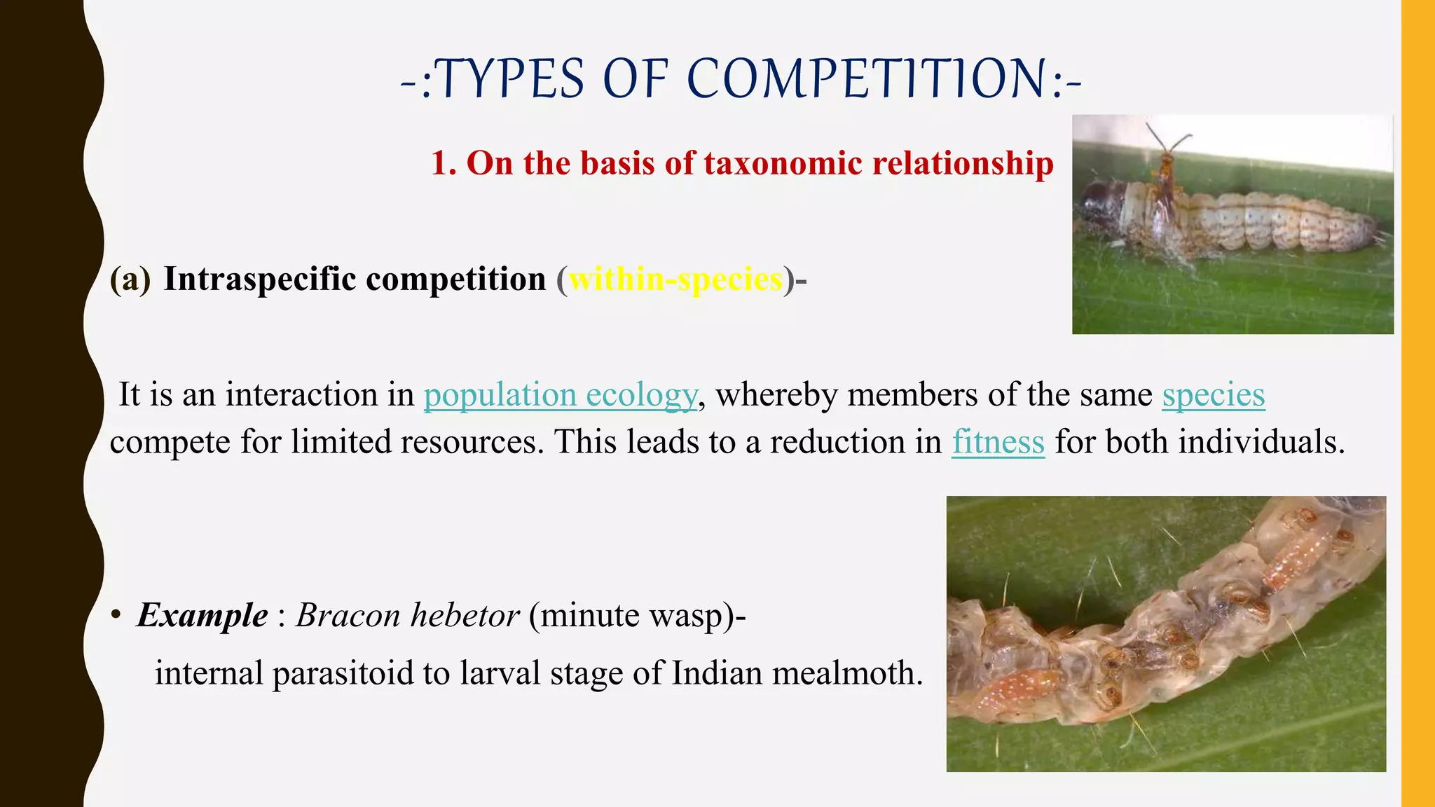 -:TYPES OF COMPETITION:-
1. On the basis of taxonomic relationship
(a) Intraspecific competition (within-species)-
It is an interaction in population ecology, whereby members of the same species
compete for limited resources. This leads to a reduction in fitness for both individuals.
• Example : Bracon hebetor (minute wasp)-
internal parasitoid to larval stage of Indian mealmoth.
 