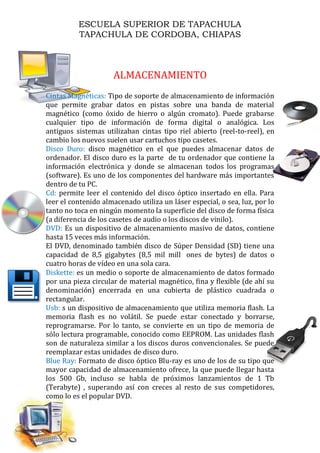 ESCUELA SUPERIOR DE TAPACHULA
TAPACHULA DE CORDOBA, CHIAPAS
ALMACENAMIENTO
Cintas Magnéticas: Tipo de soporte de almacenamiento de información
que permite grabar datos en pistas sobre una banda de material
magnético (como óxido de hierro o algún cromato). Puede grabarse
cualquier tipo de información de forma digital o analógica. Los
antiguos sistemas utilizaban cintas tipo riel abierto (reel-to-reel), en
cambio los nuevos suelen usar cartuchos tipo casetes.
Disco Duro: disco magnético en el que puedes almacenar datos de
ordenador. El disco duro es la parte de tu ordenador que contiene la
información electrónica y donde se almacenan todos los programas
(software). Es uno de los componentes del hardware más importantes
dentro de tu PC.
Cd: permite leer el contenido del disco óptico insertado en ella. Para
leer el contenido almacenado utiliza un láser especial, o sea, luz, por lo
tanto no toca en ningún momento la superficie del disco de forma física
(a diferencia de los casetes de audio o los discos de vinilo).
DVD: Es un dispositivo de almacenamiento masivo de datos, contiene
hasta 15 veces más información.
El DVD, denominado también disco de Súper Densidad (SD) tiene una
capacidad de 8,5 gigabytes (8,5 mil mill ones de bytes) de datos o
cuatro horas de vídeo en una sola cara.
Diskette: es un medio o soporte de almacenamiento de datos formado
por una pieza circular de material magnético, fina y flexible (de ahí su
denominación) encerrada en una cubierta de plástico cuadrada o
rectangular.
Usb: s un dispositivo de almacenamiento que utiliza memoria flash. La
memoria flash es no volátil. Se puede estar conectado y borrarse,
reprogramarse. Por lo tanto, se convierte en un tipo de memoria de
sólo lectura programable, conocido como EEPROM. Las unidades flash
son de naturaleza similar a los discos duros convencionales. Se puede
reemplazar estas unidades de disco duro.
Blue Ray: Formato de disco óptico Blu-ray es uno de los de su tipo que
mayor capacidad de almacenamiento ofrece, la que puede llegar hasta
los 500 Gb, incluso se habla de próximos lanzamientos de 1 Tb
(Terabyte) , superando así con creces al resto de sus competidores,
como lo es el popular DVD.
 