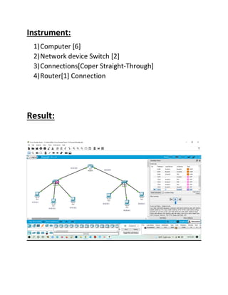 Instrument:
1)Computer [6]
2)Network device Switch [2]
3)Connections[Coper Straight-Through]
4)Router[1] Connection
Result:
 