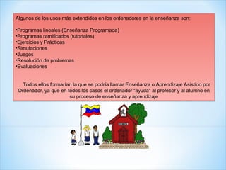 Algunos de los usos más extendidos en los ordenadores en la enseñanza son:
Algunos de los usos más extendidos en los ordenadores en la enseñanza son:

•Programas lineales (Enseñanza Programada)
•Programas lineales (Enseñanza Programada)
•Programas ramificados (tutoriales)
•Programas ramificados (tutoriales)
•Ejercicios y Prácticas
•Ejercicios y Prácticas
•Simulaciones
•Simulaciones
•Juegos
•Juegos
•Resolución de problemas
•Resolución de problemas
•Evaluaciones
•Evaluaciones


   Todos ellos formarían la que se podría llamar Enseñanza o Aprendizaje Asistido por
   Todos ellos formarían la que se podría llamar Enseñanza o Aprendizaje Asistido por
 Ordenador, ya que en todos los casos el ordenador "ayuda" al profesor y al alumno en
 Ordenador, ya que en todos los casos el ordenador "ayuda" al profesor y al alumno en
                       su proceso de enseñanza y aprendizaje
                       su proceso de enseñanza y aprendizaje
 
