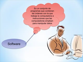 Es un conjunto de
                Es un conjunto de
           programas que contienen
           programas que contienen
             las órdenes con la que
             las órdenes con la que
           trabaja la computadora e
           trabaja la computadora e
              instrucciones que las
              instrucciones que las
            computadoras emplean
            computadoras emplean
              para manipular datos
              para manipular datos




Software
 