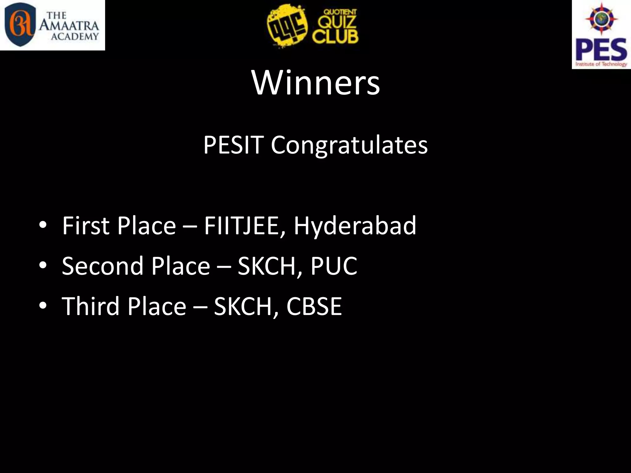 Winners
PESIT Congratulates
• First Place – FIITJEE, Hyderabad
• Second Place – SKCH, PUC
• Third Place – SKCH, CBSE
 
