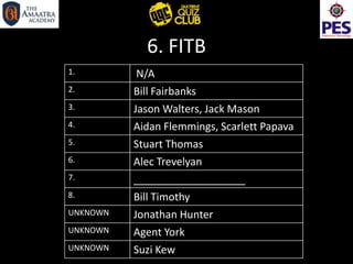 6. FITB
1. N/A
2. Bill Fairbanks
3. Jason Walters, Jack Mason
4. Aidan Flemmings, Scarlett Papava
5. Stuart Thomas
6. Alec Trevelyan
7. ___________________
8. Bill Timothy
UNKNOWN Jonathan Hunter
UNKNOWN Agent York
UNKNOWN Suzi Kew
 