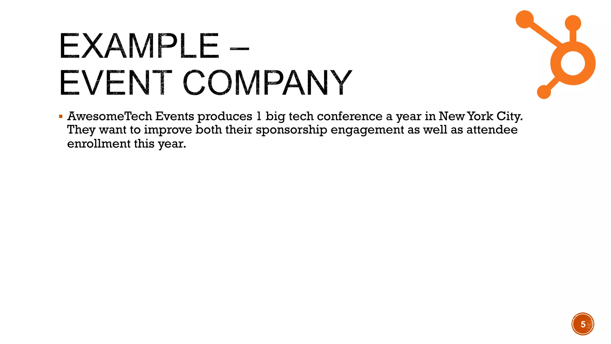 !  AwesomeTech Events produces 1 big tech conference a year in NewYork City.
They want to improve both their sponsorship engagement as well as attendee
enrollment this year.
5
 