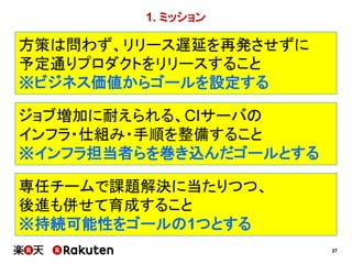 27
ジョブ増加に耐えられる、CIサーバの
インフラ・仕組み・手順を整備すること
※インフラ担当者らを巻き込んだゴールとする
方策は問わず、リリース遅延を再発させずに
予定通りプロダクトをリリースすること
※ビジネス価値からゴールを設定する
1. ミッション
専任チームで課題解決に当たりつつ、
後進も併せて育成すること
※持続可能性をゴールの1つとする
 