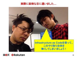 49
実際に面倒な目に遭いました…
Infrastructure as Codeを使って、
このやり取り自体を
無くしてしまいましょう！
 