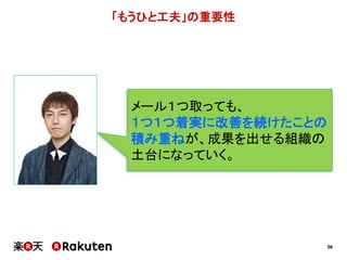 56
「もうひと工夫」の重要性
メール１つ取っても、
１つ１つ着実に改善を続けたことの
積み重ねが、成果を出せる組織の
土台になっていく。
 