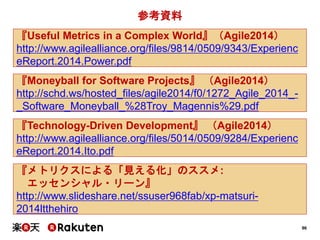 96
参考資料
『Useful Metrics in a Complex World』（Agile2014）
http://www.agilealliance.org/files/9814/0509/9343/Experienc
eReport.2014.Power.pdf
『Moneyball for Software Projects』 （Agile2014）
http://schd.ws/hosted_files/agile2014/f0/1272_Agile_2014_-
_Software_Moneyball_%28Troy_Magennis%29.pdf
『Technology-Driven Development』 （Agile2014）
http://www.agilealliance.org/files/5014/0509/9284/Experienc
eReport.2014.Ito.pdf
『メトリクスによる「見える化」のススメ:
エッセンシャル・リーン』
http://www.slideshare.net/ssuser968fab/xp-matsuri-
2014ltthehiro
 