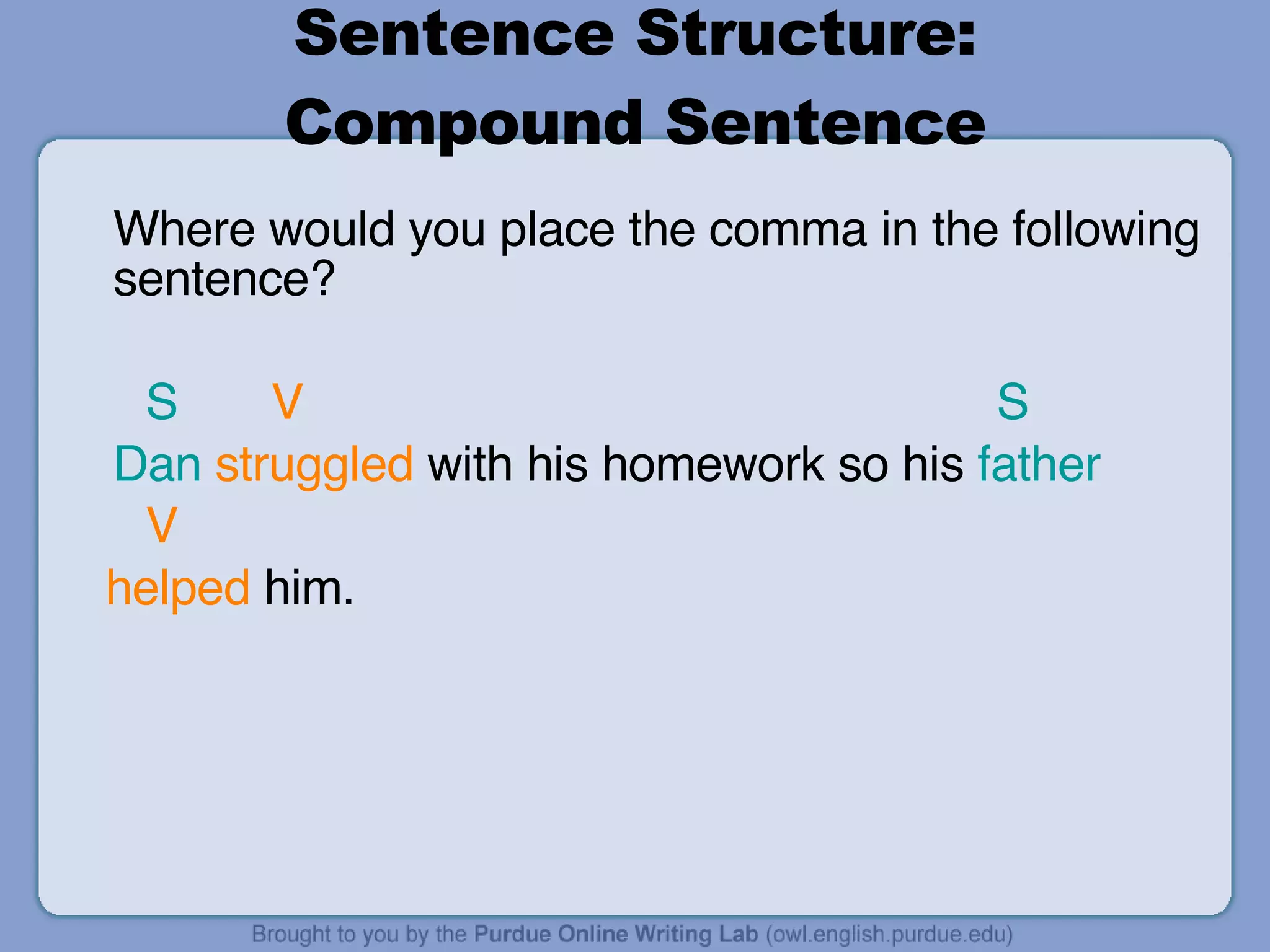 Sentence Structure: Compound Sentence Where would you place the comma in the following sentence? S   V  S   Dan   struggled  with his homework so his  father   V helped  him. 