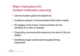 Major implications for
incident notification planning
•   Communication goals and objectives

•   Audience analysis: Communication/information needs

•   Six Stages of the Crisis: Communication for the
    contexts of a crisis or disaster

•   Organizing communication planning into each of the six
    stages

•   Identifying target audiences/messages/timing
    sequences
 