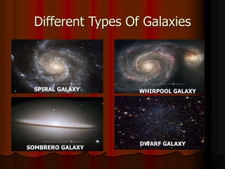 Different Types Of Galaxies
WHIRPOOL GALAXY
SPIRAL GALAXY
SOMBRERO GALAXY
DWARF GALAXY
 