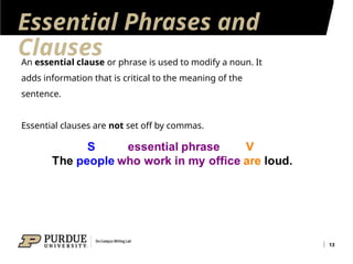 Essential Phrases and
Clauses
13
An essential clause or phrase is used to modify a noun. It
adds information that is critical to the meaning of the
sentence.
Essential clauses are not set off by commas.
 