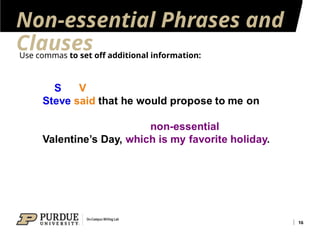 Non-essential Phrases and
Clauses
16
Use commas to set off additional information:
 