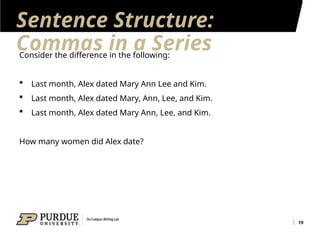 Sentence Structure:
Commas in a Series
19
Consider the difference in the following:
 Last month, Alex dated Mary Ann Lee and Kim.
 Last month, Alex dated Mary, Ann, Lee, and Kim.
 Last month, Alex dated Mary Ann, Lee, and Kim.
How many women did Alex date?
 