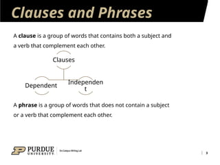 Clauses and Phrases
3
A clause is a group of words that contains both a subject and
a verb that complement each other.
A phrase is a group of words that does not contain a subject
or a verb that complement each other.
Clauses
Dependent
Independen
t
 