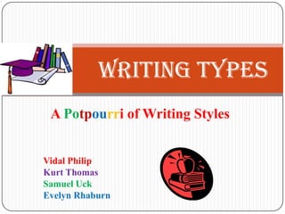 A Potpourri of Writing Styles Vidal Philip Kurt Thomas Samuel Uck Evelyn Rhaburn Writing types  