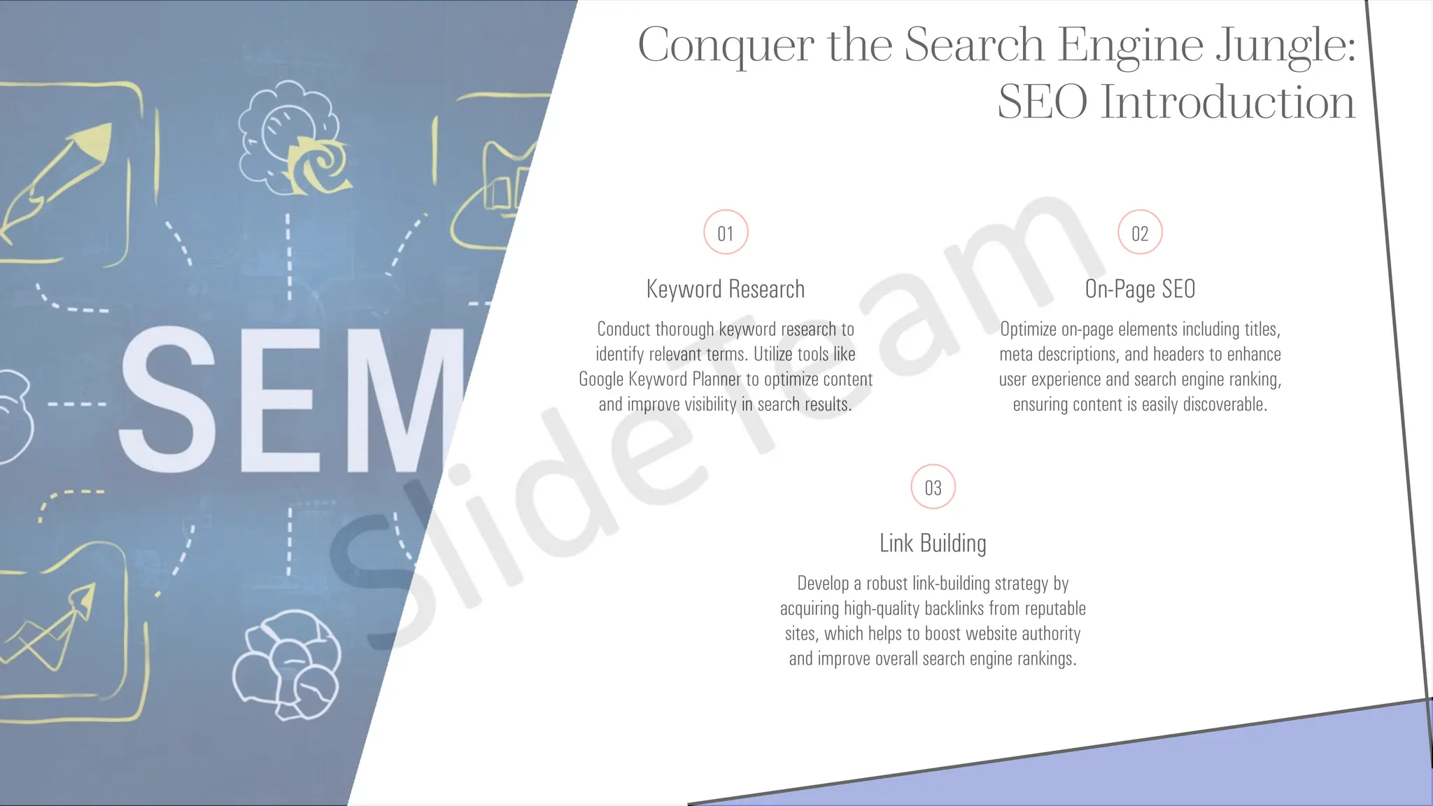 Conquer the Search Engine Jungle:
SEO Introduction
01
Keyword Research
Conduct thorough keyword research to
identify relevant terms. Utilize tools like
Google Keyword Planner to optimize content
and improve visibility in search results.
02
On-Page SEO
Optimize on-page elements including titles,
meta descriptions, and headers to enhance
user experience and search engine ranking,
ensuring content is easily discoverable.
03
Link Building
Develop a robust link-building strategy by
acquiring high-quality backlinks from reputable
sites, which helps to boost website authority
and improve overall search engine rankings.
 