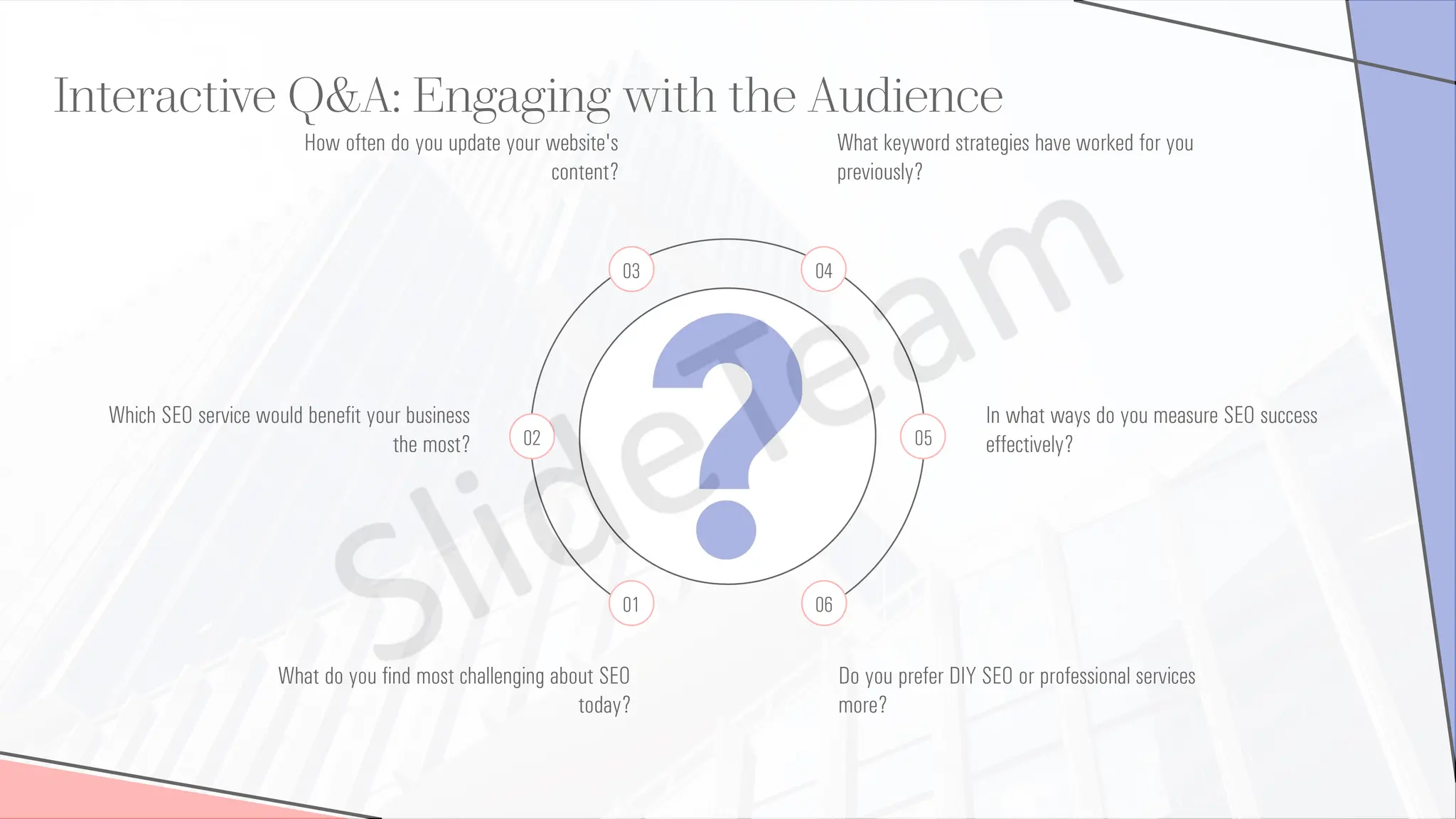 01
What do you find most challenging about SEO
today?
02
Which SEO service would benefit your business
the most?
03
How often do you update your website's
content?
04
What keyword strategies have worked for you
previously?
05
In what ways do you measure SEO success
effectively?
06
Do you prefer DIY SEO or professional services
more?
Interactive Q&A: Engaging with the Audience
 