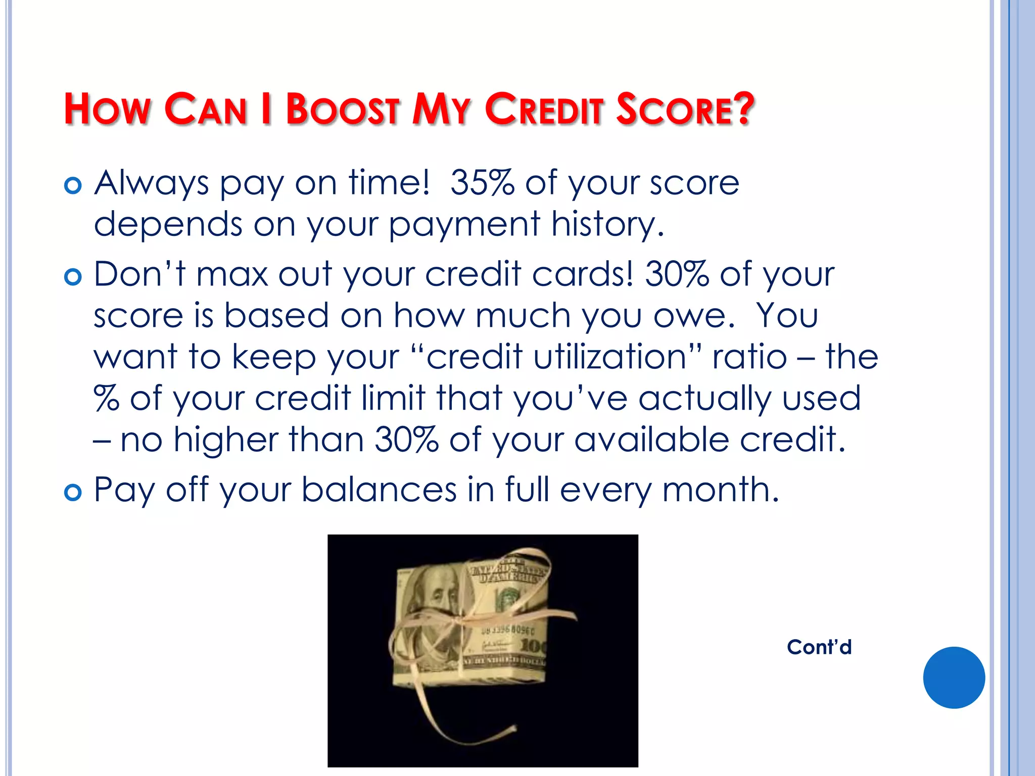 How To Build or Re-Build Good CreditStart with a secured MasterCard or Visa credit card (make a deposit with the lender and this becomes your credit limit)Pay on time and in full each month to build good credit historySwitch to an unsecured card after 1 year and get your deposit back
