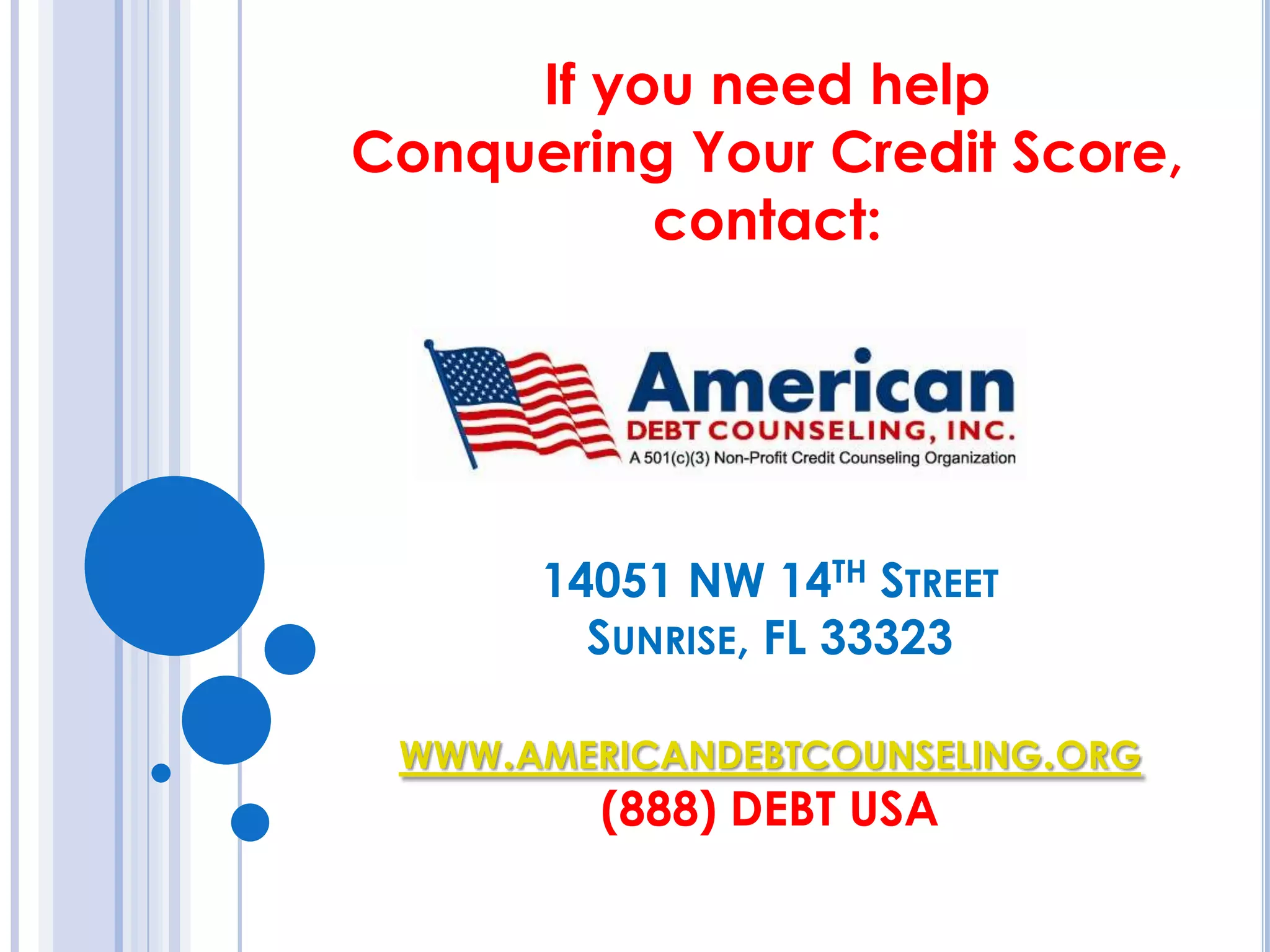 How Will Credit Counseling Affect My Credit Score?Credit counseling is not considered in the FICO score calculation so there is no negative impact.Many creditors do not report to the bureaus that the account is being repaid through a counseling agency.Most creditors “re-age” accounts that are behind when a consumer enters a credit counseling program. Late payments prior to beginning the counseling program are removed.Entering into a credit counseling program will help you to avoid further late payments, credit problems and even bankruptcy -  which can all significantly hurt your credit.By paying down your debt through a counseling program, your credit score improves since the amount of debt you carry is one of the major factors in calculating your credit score.
