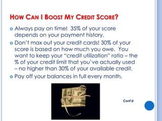 How To Build or Re-Build Good CreditStart with a secured MasterCard or Visa credit card (make a deposit with the lender and this becomes your credit limit)Pay on time and in full each month to build good credit historySwitch to an unsecured card after 1 year and get your deposit back