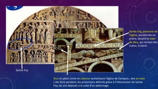 Sainte Foy
Sainte Foy, patronne de
l’église, prosternée en
prière, devant la main
de dieu, qui sortant des
nuées, la bénit.
Arcs en plein cintre et colonne symbolisant l’église de Conques ; des ex-voto
( des fers) pendent, les prisonniers délivrés grâce à l’intercession de Sainte
Foy, les ont déposés à la suite d’un pèlerinage.
 