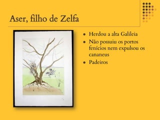 Aser, filho de Zelfa
                          Herdou a alta Galileia
                          Não possuiu os portos
                           fenícios nem expulsou os
                           cananeus
                          Padeiros
 