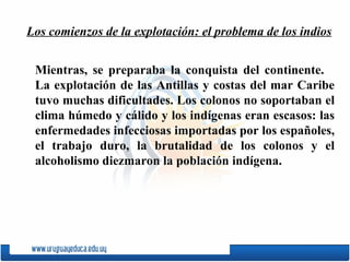 Mientras, se preparaba la conquista del continente.  La explotación de las Antillas y costas del mar Caribe tuvo muchas dificultades. Los colonos no soportaban el clima húmedo y cálido y los indígenas eran escasos: las enfermedades infecciosas importadas por los españ oles, el trabajo duro, la brutalidad de los colonos y el alcoholismo diezmaron la población indígena. Los comienzos de la explotación: el problema de los indios 