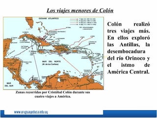 Colón realizó tres viajes más. E n  ellos exploró las Antillas, la desembocadura del río Orinoco y el istmo de América Cen...