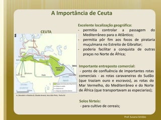 Importante entreposto comercial:
- ponto de confluência de importantes rotas
comerciais - as rotas caravaneiras do Sudão
(que traziam ouro e escravos), as rotas do
Mar Vermelho, do Mediterrâneo e do Norte
de África (que transportavam as especiarias);
Excelente localização geográfica:
- permitia controlar a passagem do
Mediterrâneo para o Atlântico;
- permitia pôr fim aos focos de pirataria
muçulmana no Estreito de Gibraltar;
- poderia facilitar a conquista de outras
praças no Norte de África;
A Importância de Ceuta
In, Descobrir a História 8, Cláudia Amaral, Ana Lídia Pinto, Porto Ed.
CEUTA
Solos férteis:
- para cultivo de cereais;
Prof. Susana Simões
 