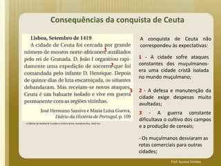 Consequências da conquista de Ceuta
A conquista de Ceuta não
correspondeu às expectativas:
1 - A cidade sofre ataques
constantes dos muçulmanos-
era uma cidade cristã isolada
no mundo muçulmano;
2 - A defesa e manutenção da
cidade exige despesas muito
avultadas;
- Os muçulmanos desviaram as
rotas comerciais para outras
cidades;
3 - A guerra constante
dificultava o cultivo dos campos
e a produção de cereais;
1
In Oficina da História 8; Euclides e Cristina Griné, Humberto Rua, Texto Ed.
Prof. Susana Simões
3
2
 