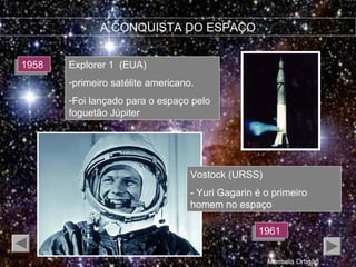 A CONQUISTA DO ESPAÇO
19581958 Explorer 1 (EUA)
-primeiro satélite americano.
-Foi lançado para o espaço pelo
foguetão Júpiter
19611961
Vostock (URSS)
- Yuri Gagarin é o primeiro
homem no espaço
Manuela Ortigão
 