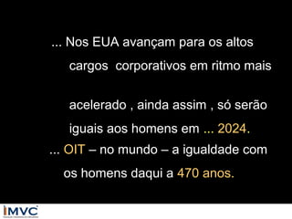 ... Nos EUA avançam para os altos
cargos corporativos em ritmo mais
acelerado , ainda assim , só serão
iguais aos homens em ... 2024.
... OIT – no mundo – a igualdade com
os homens daqui a 470 anos.

 