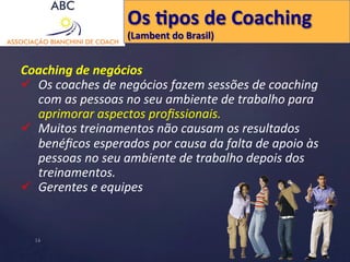 Os 
Hpos 
de 
Coaching 
(Lambent 
do 
Brasil) 
Coaching 
de 
negócios 
ü Os 
coaches 
de 
negócios 
fazem 
sessões 
de 
coaching 
com 
as 
pessoas 
no 
seu 
ambiente 
de 
trabalho 
para 
aprimorar 
aspectos 
profissionais. 
ü Muitos 
treinamentos 
não 
causam 
os 
resultados 
benéficos 
esperados 
por 
causa 
da 
falta 
de 
apoio 
às 
pessoas 
no 
seu 
ambiente 
de 
trabalho 
depois 
dos 
treinamentos. 
ü Gerentes 
e 
equipes 
14 
 