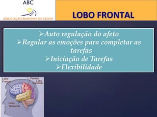 8 
LOBO 
FRONTAL 
Ø Auto regulação do afeto 
Ø Regular as emoções para completar as 
tarefas 
Ø Iniciação de Tarefas 
Ø Flexibilidade 
 