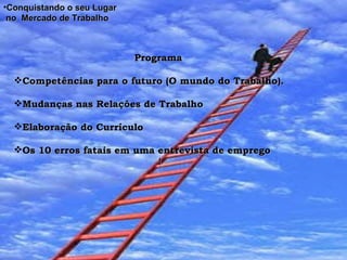 Conquistando o seu Lugar  no  Mercado de Trabalho Programa   Competências para o futuro (O mundo do Trabalho). Mudanças nas Relações de Trabalho Elaboração do Currículo  Os 10 erros fatais em uma entrevista de emprego  ! 