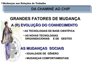 GRANDES FATORES DE MUDANÇA A (R) EVOLUÇÃO DO CONHECIMENTO •  AS TECNOLOGIAS DE BASE CIENTÍFICA  •  AS NOVAS TECNOLOGIAS ORGANIZACIONAIS  E DE  GESTÃO AS MUDANÇAS  SOCIAIS •  IGUALDADE DE  GÊNERO  •  MUDANÇAS COMPORTAMENTAIS DA CHAMINÉ AO CHIP Mudanças nas Relações de Trabalho 