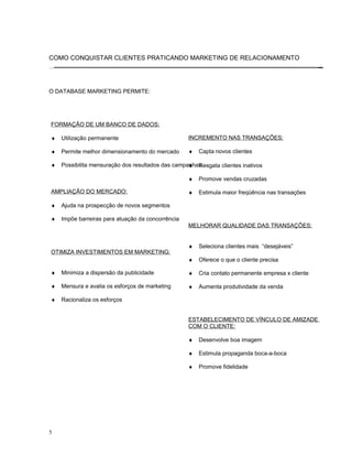 COMO CONQUISTAR CLIENTES PRATICANDO MARKETING DE RELACIONAMENTO
O DATABASE MARKETING PERMITE:
FORMAÇÃO DE UM BANCO DE DADOS:
♦ Utilização permanente
♦ Permite melhor dimensionamento do mercado
♦ Possibilita mensuração dos resultados das campanhas
AMPLIAÇÃO DO MERCADO:
♦ Ajuda na prospecção de novos segmentos
♦ Impõe barreiras para atuação da concorrência
OTIMIZA INVESTIMENTOS EM MARKETING:
♦ Minimiza a dispersão da publicidade
♦ Mensura e avalia os esforços de marketing
♦ Racionaliza os esforços
INCREMENTO NAS TRANSAÇÕES:
♦ Capta novos clientes
♦ Resgata clientes inativos
♦ Promove vendas cruzadas
♦ Estimula maior freqüência nas transações
MELHORAR QUALIDADE DAS TRANSAÇÕES:
♦ Seleciona clientes mais “desejáveis”
♦ Oferece o que o cliente precisa
♦ Cria contato permanente empresa x cliente
♦ Aumenta produtividade da venda
ESTABELECIMENTO DE VÍNCULO DE AMIZADE
COM O CLIENTE:
♦ Desenvolve boa imagem
♦ Estimula propaganda boca-a-boca
♦ Promove fidelidade
5
 