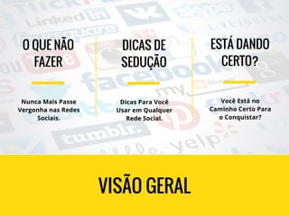 VISÃO GERAL
O QUE NÃO
FAZER
Nunca Mais Passe
Vergonha nas Redes
Sociais.
DICAS DE
SEDUÇÃO
Dicas Para Você
Usar em Qualquer
Rede Social.
ESTÁ DANDO
CERTO?
Você Está no
Caminho Certo Para
o Conquistar?
 