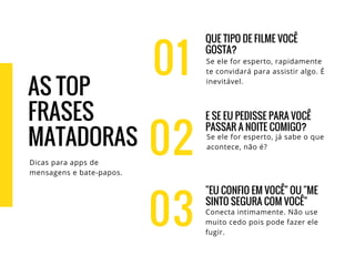 01
QUE TIPO DE FILME VOCÊ
GOSTA?
Se ele for esperto, rapidamente
te convidará para assistir algo. É
inevitável.
E SE EU PEDISSE PARA VOCÊ
PASSAR A NOITE COMIGO?
Se ele for esperto, já sabe o que
acontece, não é?
"EU CONFIO EM VOCÊ" OU "ME
SINTO SEGURA COM VOCÊ"
Conecta intimamente. Não use
muito cedo pois pode fazer ele
fugir.
02
03
AS TOP
FRASES
MATADORAS
Dicas para apps de
mensagens e bate-papos.
 