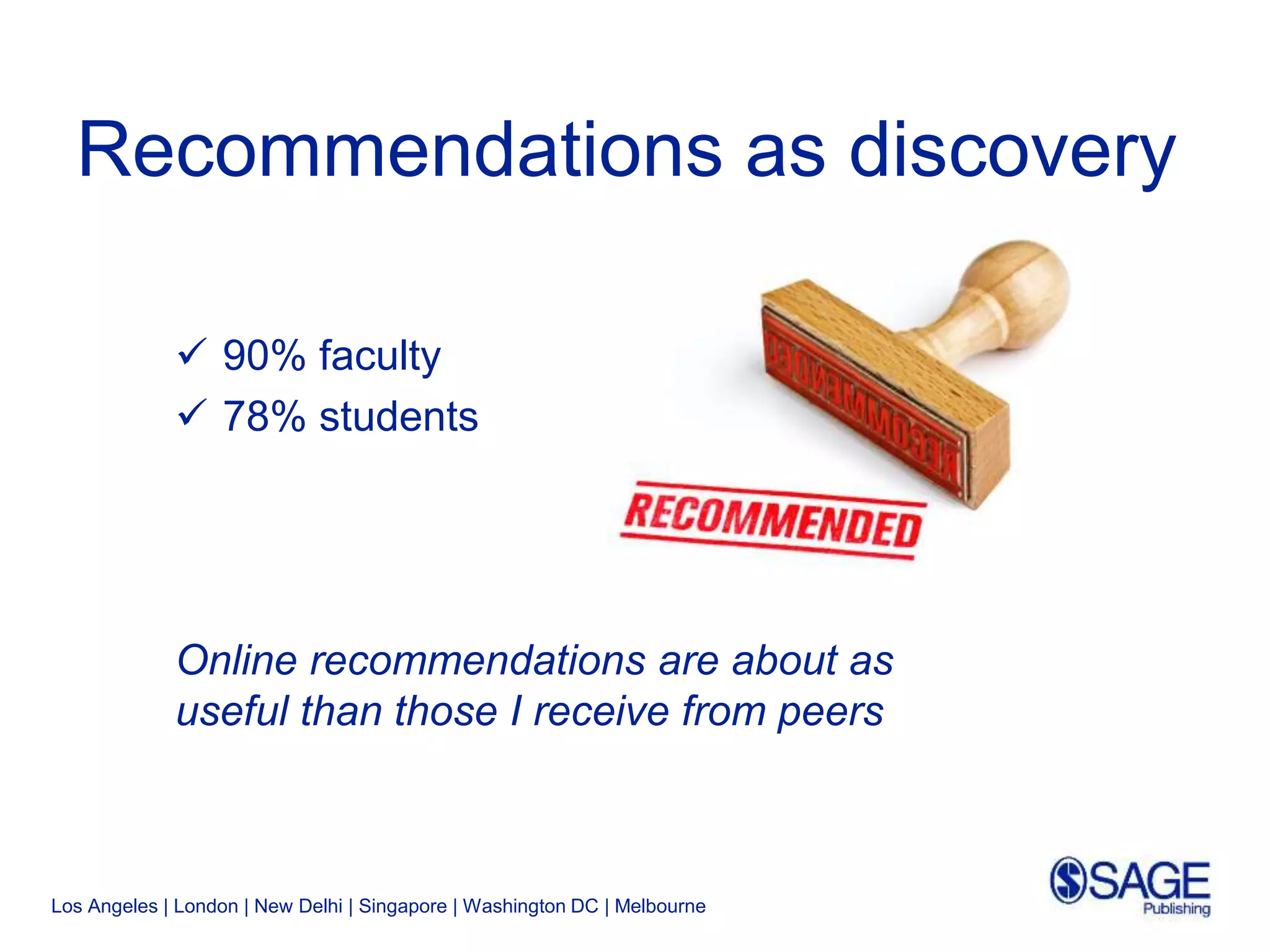 Los Angeles | London | New Delhi | Singapore | Washington DC | Melbourne
Recommendations as discovery
 90% faculty
 78% students
Online recommendations are about as
useful than those I receive from peers
 