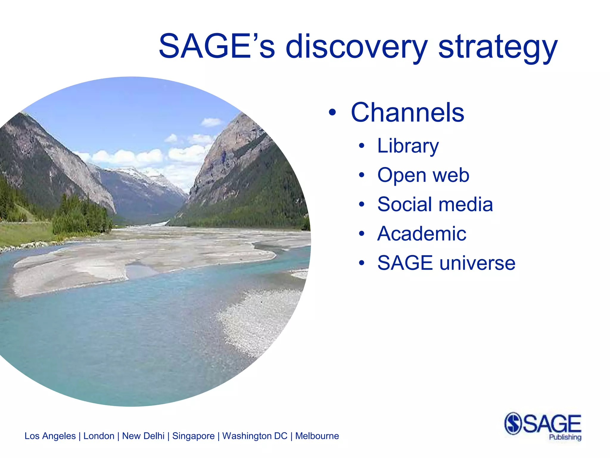 Los Angeles | London | New Delhi | Singapore | Washington DC | Melbourne
SAGE’s discovery strategy
• Channels
• Library
• Open web
• Social media
• Academic
• SAGE universe
 