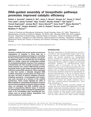 Published online 22 October 2011                                               Nucleic Acids Research, 2012, Vol. 40, No. 4 1879–1889
                                                                                                                 doi:10.1093/nar/gkr888


DNA-guided assembly of biosynthetic pathways
promotes improved catalytic efficiency
Robert J. Conrado1, Gabriel C. Wu2, Jason T. Boock1, Hansen Xu1, Susan Y. Chen2,
Tina Lebar3, Jernej Turnsek3, Nejc Tomsic3, Monika Avbelj4,5, Rok Gaber4,5,
                        ˇ              ˇ ˇ
Tomaz Koprivnjak , Jerneja Mori , Vesna Glavnik5,6, Irena Vovk5,6, Mojca Bencina4,5,
      ˇ           4             4
                                                                               ˇ
              7                 7                2                 4,5,8,
Vesna Hodnik , Gregor Anderluh , John E. Dueber , Roman Jerala           * and
                    1,
Matthew P. DeLisa *
1
 School of Chemical and Biomolecular Engineering, Cornell University, Ithaca, NY 14853, 2Department of
Bioengineering, University of California, Berkeley, CA 94720, USA, 3Slovenian iGEM Team 2010, Ljubljana,
Slovenia, 4Department of Biotechnology, National Institute of Chemistry, 5Centre of Excellence EN-FIST,
Ljubljana, Slovenia, 6Laboratory for Food Chemistry, National Institute of Chemistry, 7Department of Biology,




                                                                                                                                                              Downloaded from http://nar.oxfordjournals.org/ at Kemijski Institut on March 10, 2012
Biotechnical Faculty and 8Faculty of Chemistry and Chemical Technology, University of Ljubljana, Ljubljana,
Slovenia

Received July 14, 2011; Revised September 29, 2011; Accepted September 30, 2011



ABSTRACT                                                                        INTRODUCTION
Synthetic scaffolds that permit spatial and temporal                            Metabolic engineering of microbial pathways provides a
organization of enzymes in living cells are a                                   cost-effective and environmentally benign route for pro-
promising post-translational strategy for controlling                           ducing numerous valuable compounds, including com-
the flow of information in both metabolic and signal-                           modity and specialty chemicals (e.g. biodegradable
                                                                                plastics), biofuels (e.g. ethanol and butanol) and thera-
ing pathways. Here, we describe the use of plasmid
                                                                                peutic molecules (e.g. anticancer drugs and antimicrobial
DNA as a stable, robust and configurable scaffold                               compounds). However, efforts to engineer new functional
for arranging biosynthetic enzymes in the cytoplasm                             biosynthetic pathways in well-characterized micro-
of Escherichia coli. This involved conversion of indi-                          organisms such as Escherichia coli are still often
vidual enzymes into custom DNA-binding proteins                                 hampered by issues such as imbalanced pathway ﬂux, for-
by genetic fusion to zinc-finger domains that specif-                           mation of side products and accumulation of toxic inter-
ically bind unique DNA sequences. When expressed                                mediates that can inhibit host cell growth. One strategy
in cells that carried a rationally designed DNA                                 for increasing metabolite production in metabolically en-
scaffold comprising corresponding zinc finger bind-                             gineered microorganisms is the use of directed enzyme
ing sites, the titers of diverse metabolic products,                            organization [for a review see Ref. (1)]. This concept is
including resveratrol, 1,2-propanediol and mevalo-                              inspired by natural metabolic systems, for which optimal
                                                                                metabolic pathway performance often arises from the or-
nate were increased as a function of the scaffold
                                                                                ganization of enzymes into speciﬁc complexes and, in
architecture. These results highlight the utility of                            some cases, enzyme-to-enzyme channeling (a.k.a. meta-
DNA scaffolds for assembling biosynthetic enzymes                               bolic channeling) (1–3).
into functional metabolic structures. Beyond metab-                                The most striking naturally occurring examples are
olism, we anticipate that DNA scaffolds may be                                  enzymes that have evolved three-dimensional structures
useful in sequestering different types of enzymes                               capable of physically channeling substrates such as tryp-
for specifying the output of biological signaling path-                         tophan synthase and carbamoyl phosphate synthase. The
ways or for coordinating other assembly-line pro-                               crystal structures of these enzymes reveal tunnels that
cesses such as protein folding, degradation and                                 connect catalytic sites and protect reactive intermediates
post-translational modifications.                                               from the bulk solution (4,5). Other notable examples




*To whom correspondence should be addressed. Tel: +386 1 476 0335; Fax: +386 1 476 0300; Email: roman.jerala@ki.si
Correspondence may also be addressed to Matthew P. DeLisa. Tel: +607 254 8560; Fax: +607 255 9166; Email: md255@cornell.edu

ß The Author(s) 2011. Published by Oxford University Press.
This is an Open Access article distributed under the terms of the Creative Commons Attribution Non-Commercial License (http://creativecommons.org/licenses/
by-nc/3.0), which permits unrestricted non-commercial use, distribution, and reproduction in any medium, provided the original work is properly cited.
 